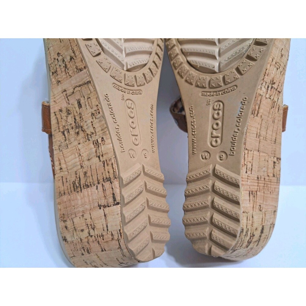 Crocs A-leigh Women's 9 Wedge Sandals Brown Leather Cork Strappy - Picture 10 of 10